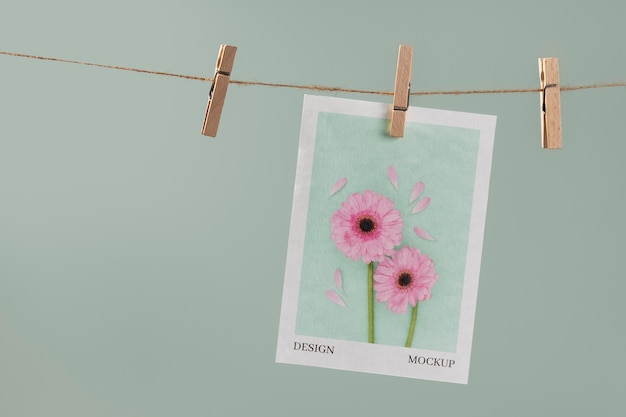 PSD paper mockup on clothesline