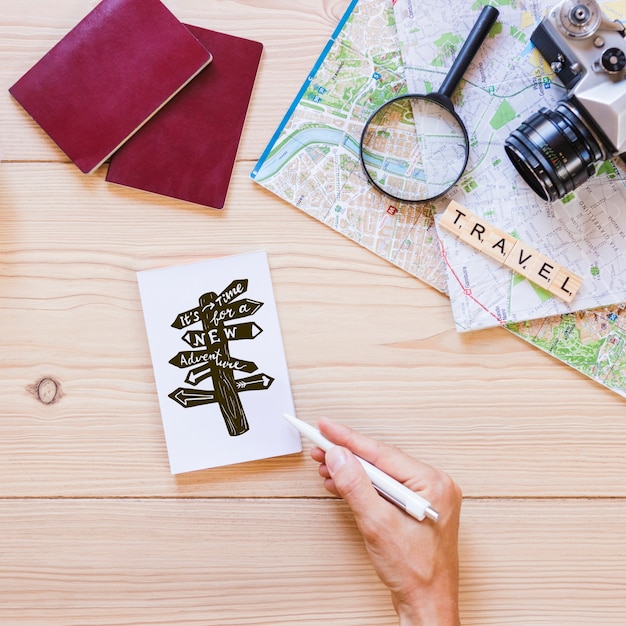 PSD paper mockup with travel concept