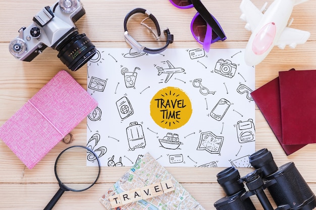 Paper mockup with travel concept