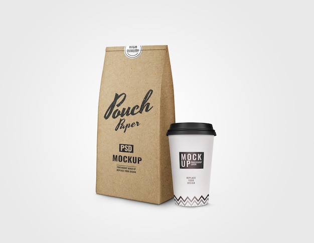 Paper pouch and paper cup mockup