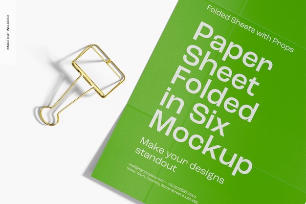 Paper sheet folded in six mockup, close up