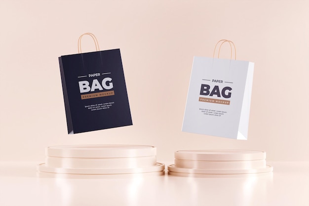 PSD paper shopping bag mockup black white flotaing editable background color