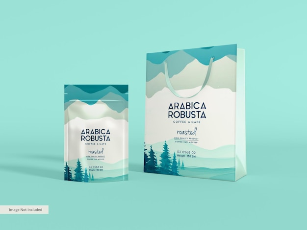 Paper shopping bag and stand up pouch branding mockup