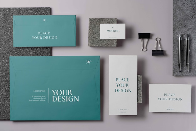 PSD mock-up di cancelleria in carta con materiale lapideo