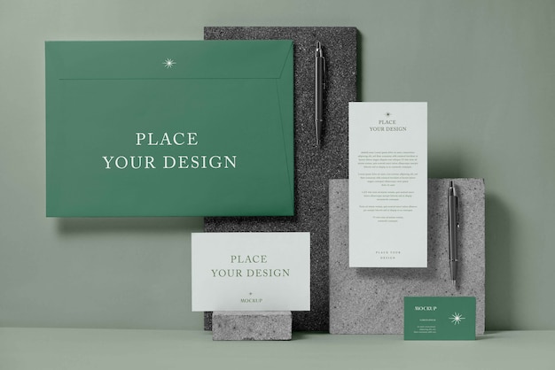 PSD mock-up di cancelleria in carta con materiale lapideo