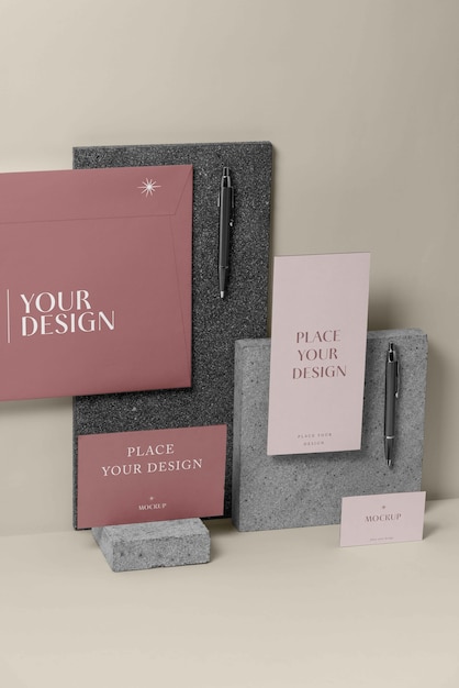 PSD mock-up di cancelleria in carta con materiale lapideo