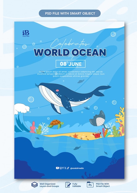 紙のスタイルの世界海洋デー垂直ポスターテンプレート