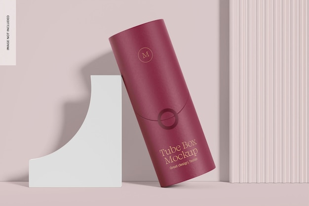 PSD paper tall tube box mockup leaned