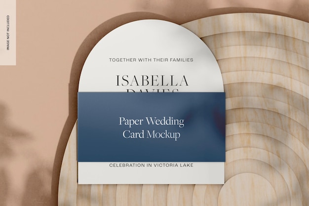 PSD paper wedding card op houten podium mockup top view