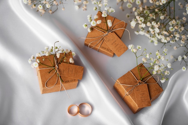 PSD paper wrapped wedding gift box with baby's breath flowers