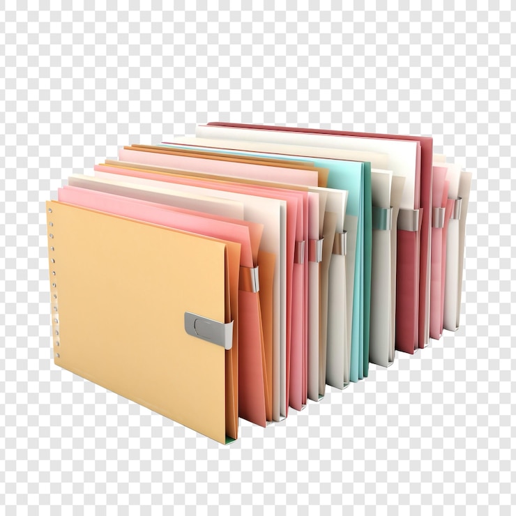 PSD papers organized in separate folders isolated on transparent background