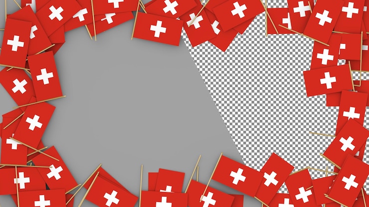 PSD papier zwitserse vlag verspreid over het frame 3d-rendering