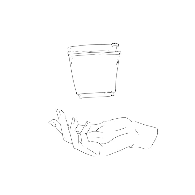 Papierbeker met koffie die over open palm hangt mockup zwarte en witte grafische lijnillustratie