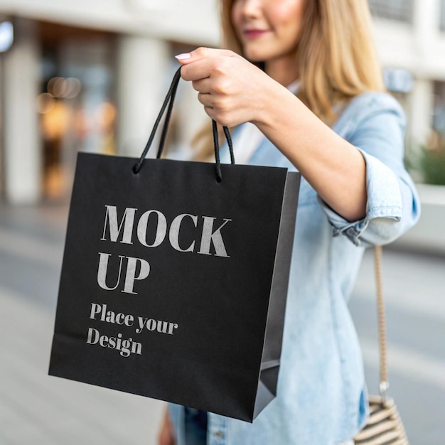 Papieren tas op vrouwelijke hand zwarte tas mockup