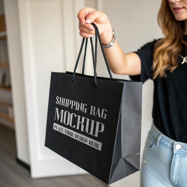 Papieren tas op vrouwelijke hand zwarte tas mockup