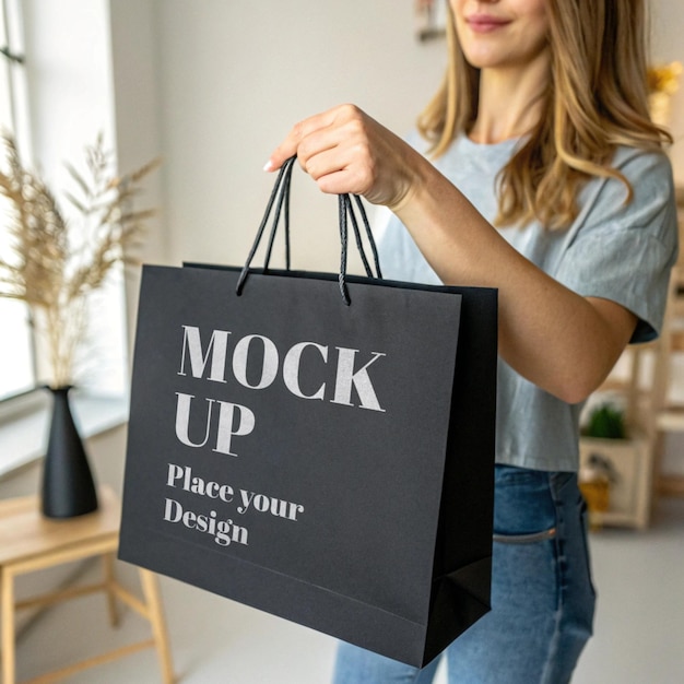 Papieren tas op vrouwelijke hand zwarte tas mockup