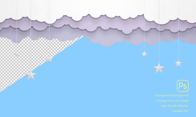 PSD papierkunststijl hangende wolken en sterren in het blauwe hemelontwerp 3d render