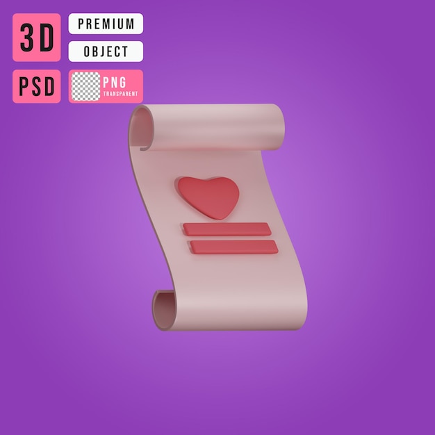 Papierrol met liefdesvalentijn 3d illustratie