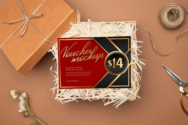 PSD papierwinkel voucher mock-up met decoraties