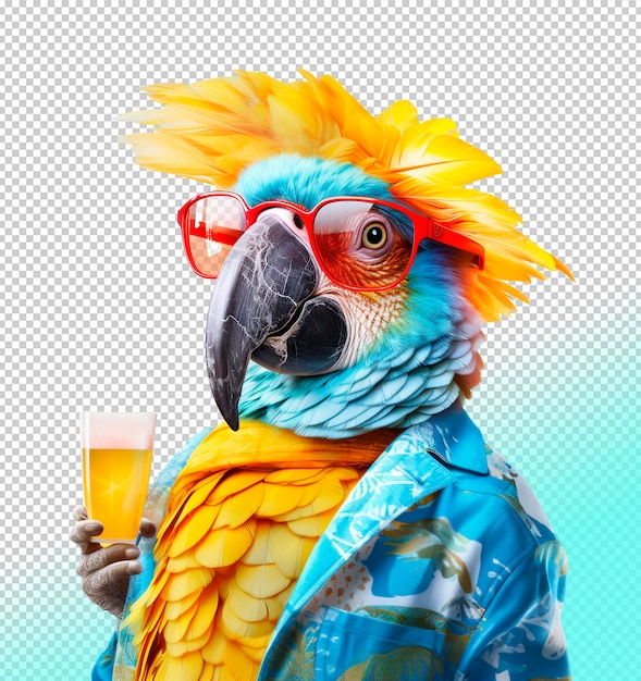 Papuga PSD w hawajskiej koszuli i okularach przeciwsłonecznych z tropikalnym sokiem