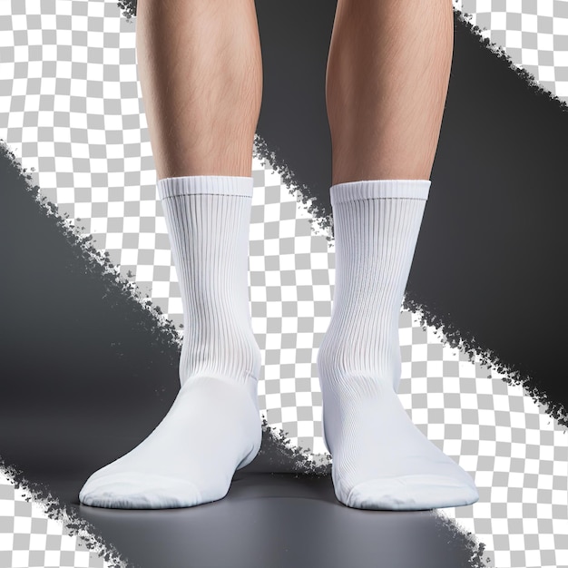 PSD para męskich nóg w białych skarpetkach na czarnym tle.