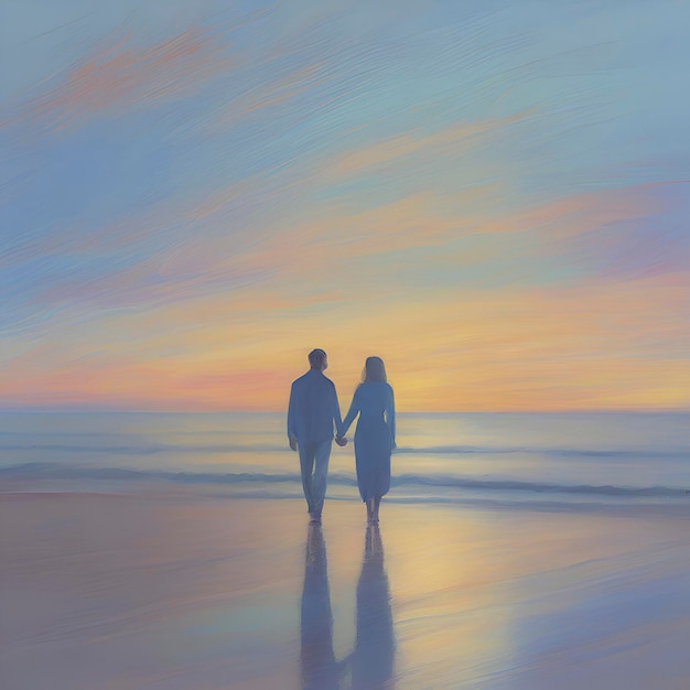 PSD para trzymająca się za ręce na plaży o zachodzie słońca pastelowe kolory w stylu impresjonistycznym aigenerated