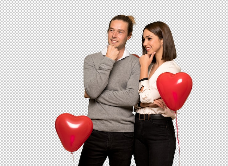 PSD para w valentine dzień patrzeje strona z ręką na podbródku
