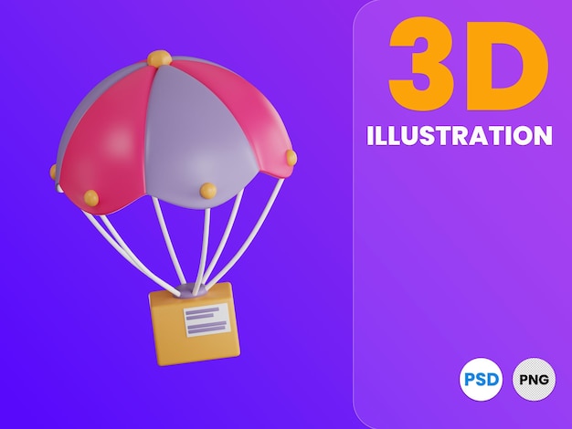 PSD parachute luchtdruppel levering 3d illustratie achtergrondbanner