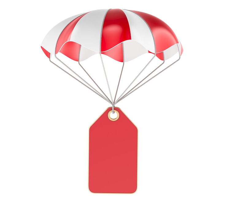 PSD parachute met red sale tag sale discount concept 3d-rendering geïsoleerd op transparante achtergrond