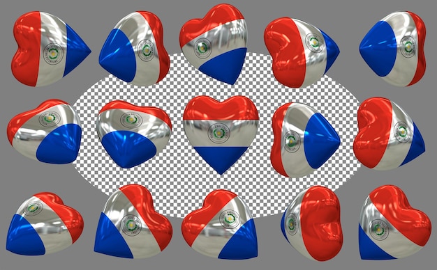 Paragwaj 3D Heart Flag Izolowane różne pozycje 3D Rendering