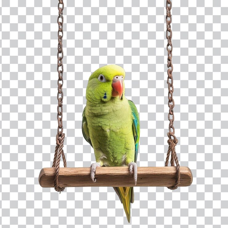 PSD parakeet perched on swing for creative designs transparent png background