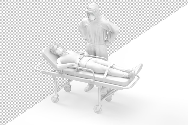 paramedic in protective suite and patient on gurney in 3d rendering