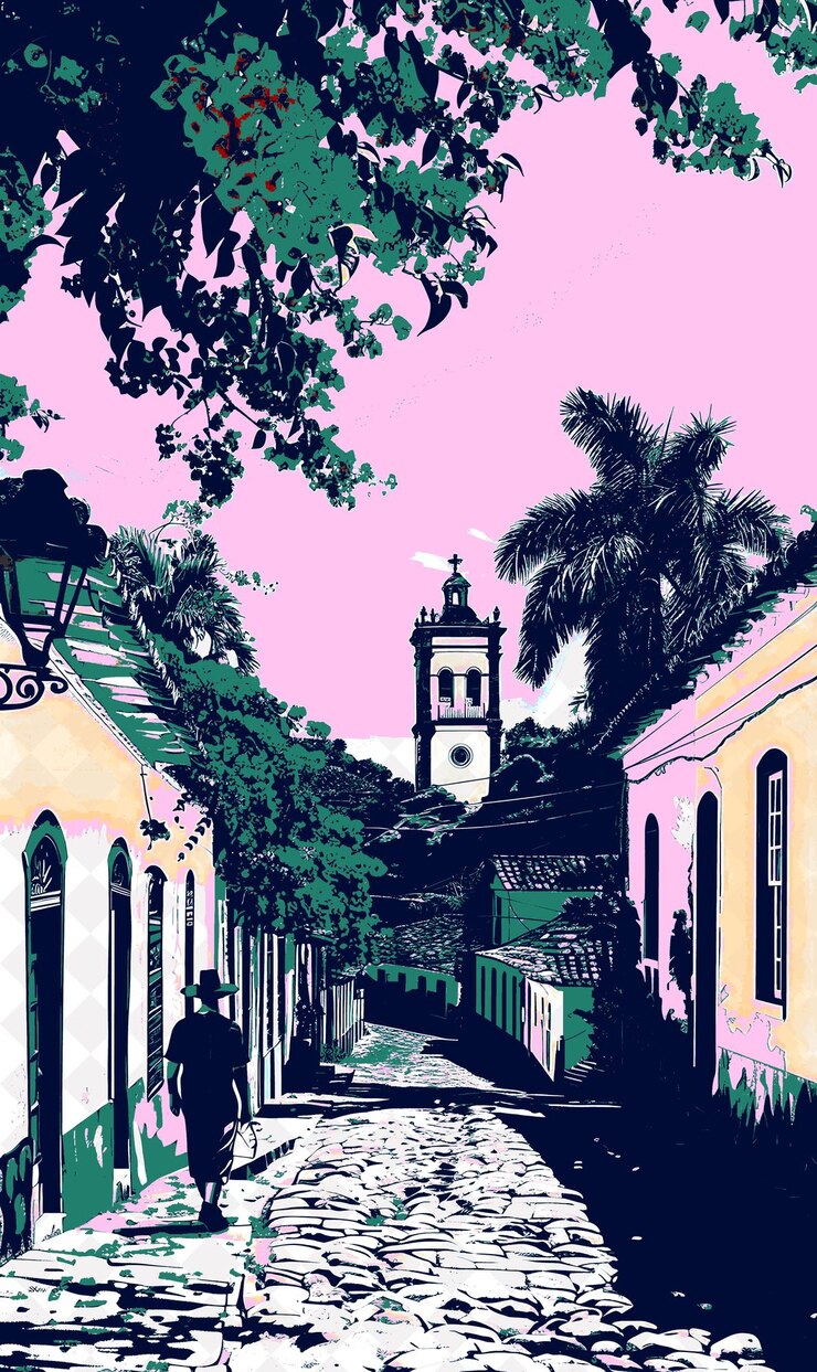 PSD paraty colonial town with a gold miner and church red bougai brazil scene and culture illustrations