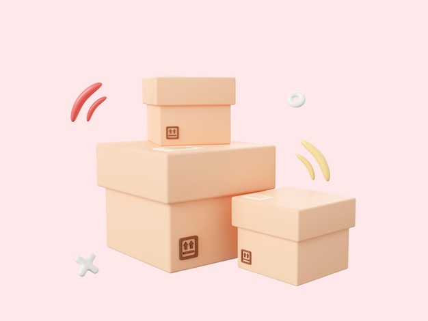 Parcel box 3d cartoon icon isolated on pink background 3d illustration