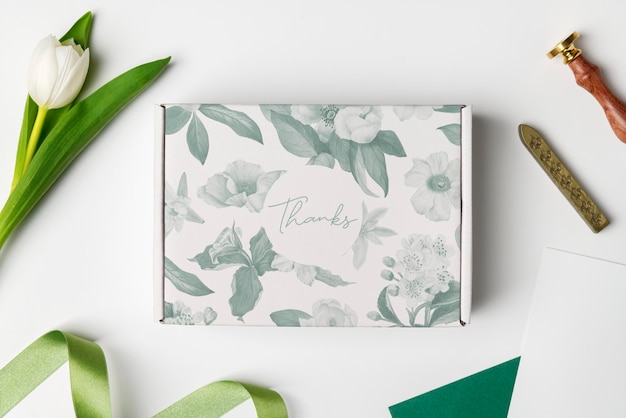 Parcel box mockup product packaging flat lay stationery psd