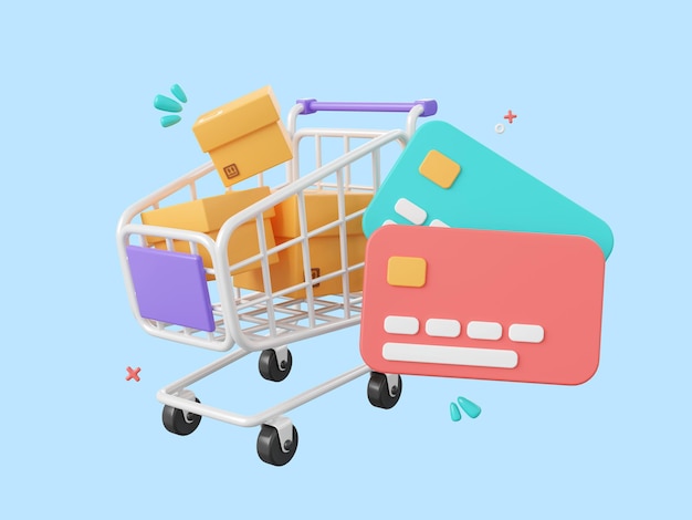 PSD parcel boxes in shopping cart with credit cards shopping online and payments by credit card