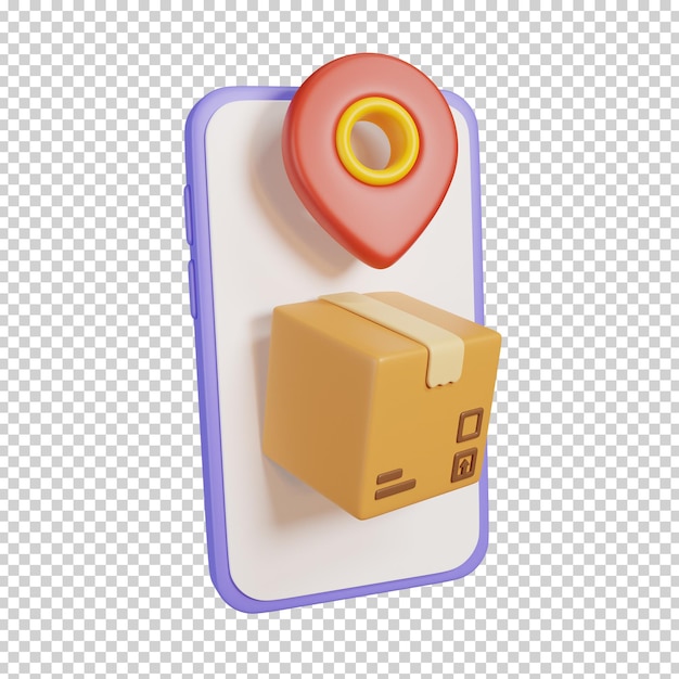 PSD parcel delivery packages and location pin on phone isolated online shopping icon 3d illustration