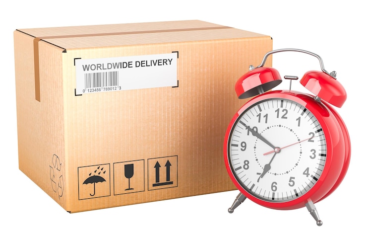 PSD parcel with alarm clock shipping and logistics concept 3d rendering isolated on transparent background