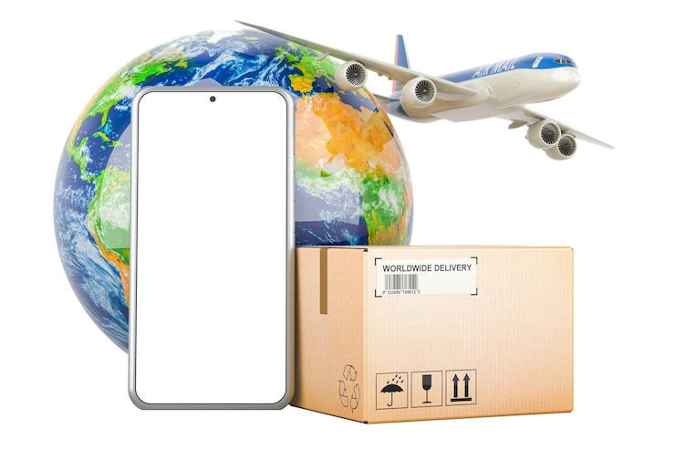 PSD parcel with mobile phone earth globe and aeroplane global air freight and delivery concept 3d rendering isolated on transparent background
