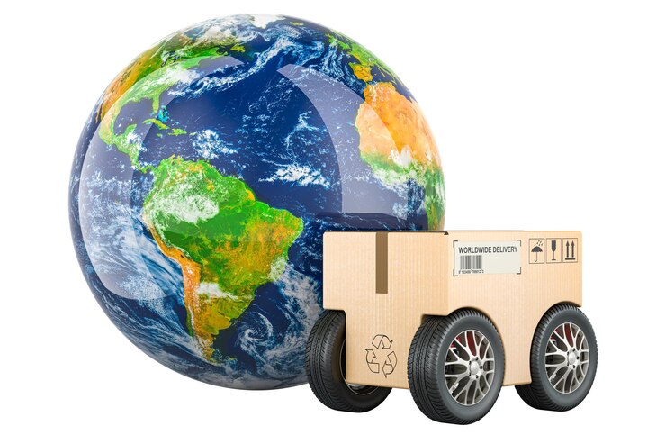 PSD посылка с колесами и концепция быстрой доставки earth globe worldwide 3d-рендеринг изолирован на прозрачном фоне
