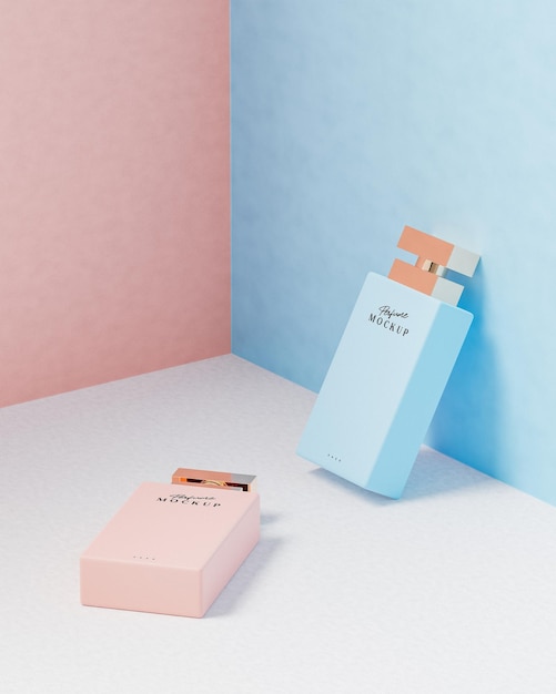 Parfumfles roze en blauw luxe logo mockup voor merkpresentatie3d render