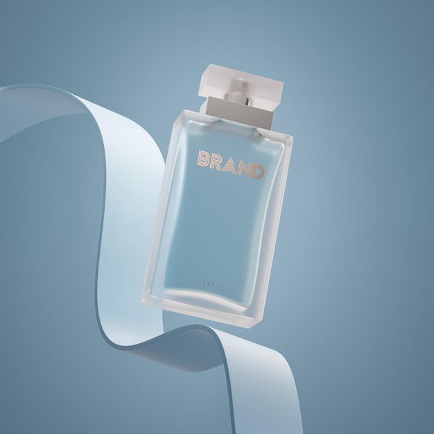 Parfumflesje logo mockup blauwe moderne achtergrond 3d render