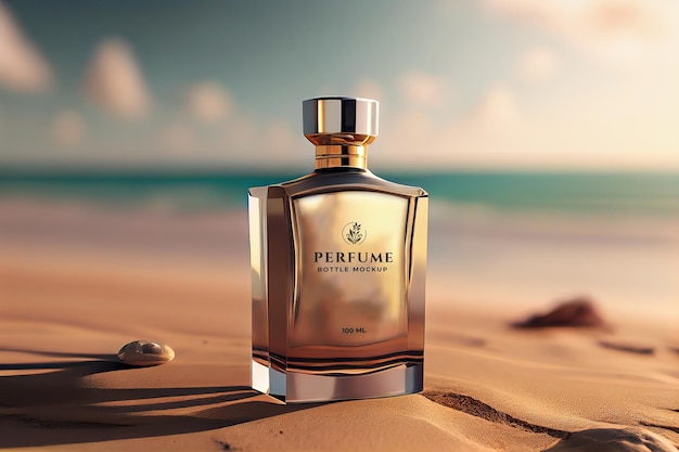 Parfummodel op strand vage achtergrond