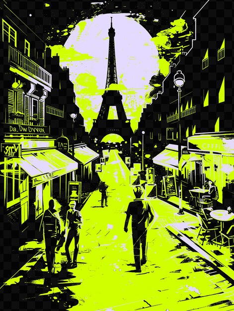 Paris with romantic street scene and eiffel tower cafes stre psd vector tshirt tattoo ink scape art