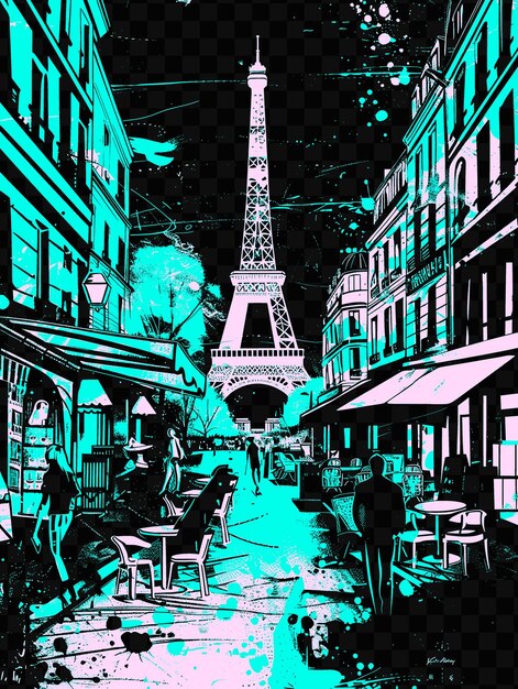 PSD paris with romantic street scene and eiffel tower cafes stre psd vector tshirt tattoo ink scape art