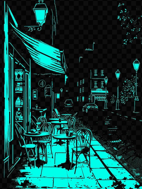 PSD parisian cafe street with romantic scene wrought iron chairs psd vector tshirt tattoo ink scape art