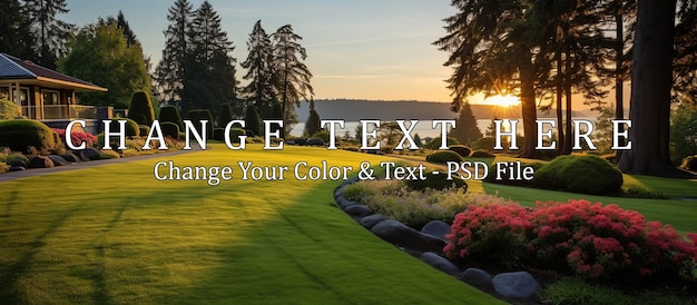 PSD park outdoor manicured lawn and flowerbed at sunrise view
