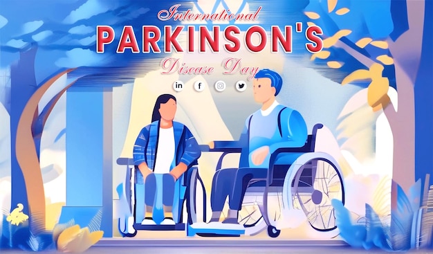PSD giorno del parkinson con un uomo e una donna in sedia a rotelle seduti nel parco con una lesione al piede