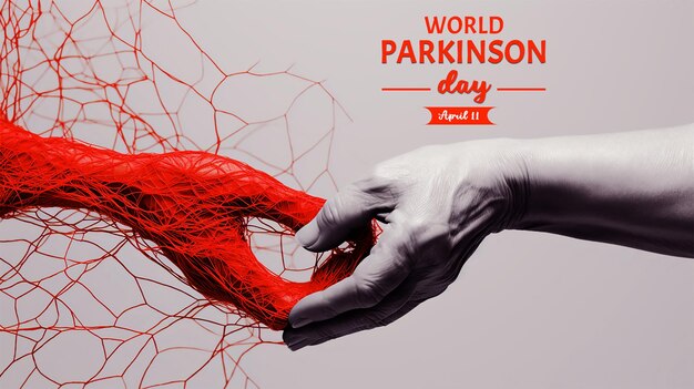 Parkinsons disease Hands of a young and an senior woman reach out to each other connected by a red