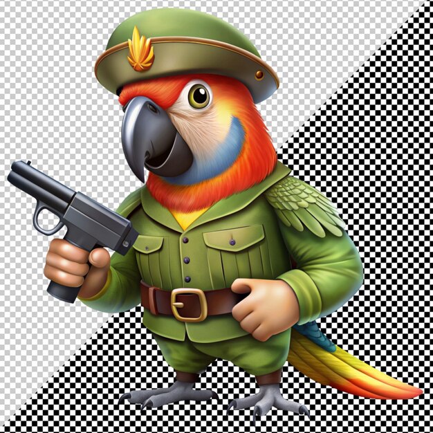 PSD parrot in army dress holding gun